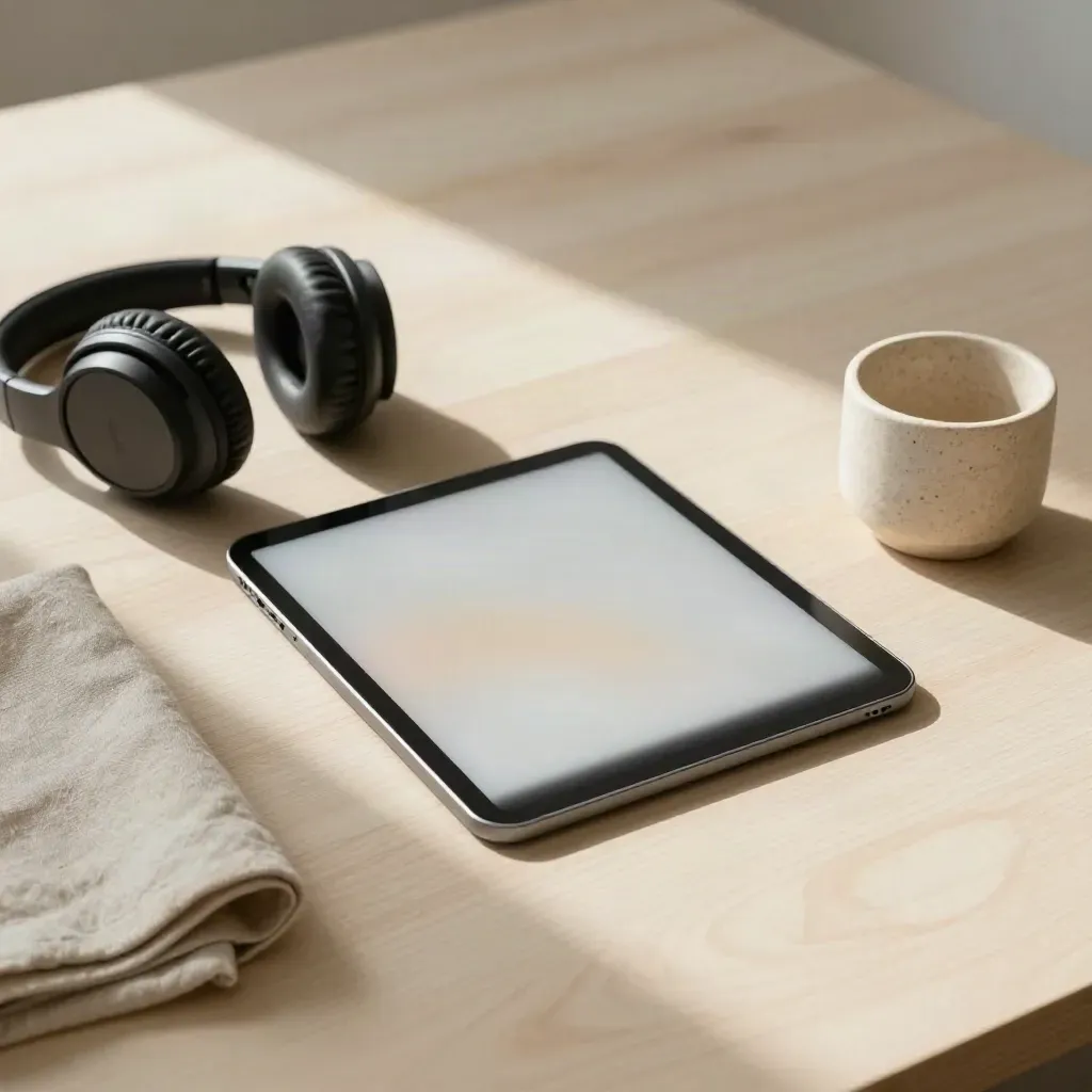 Tablet, headphones, linen cloth and stone cup on pale wood in soft daylight.