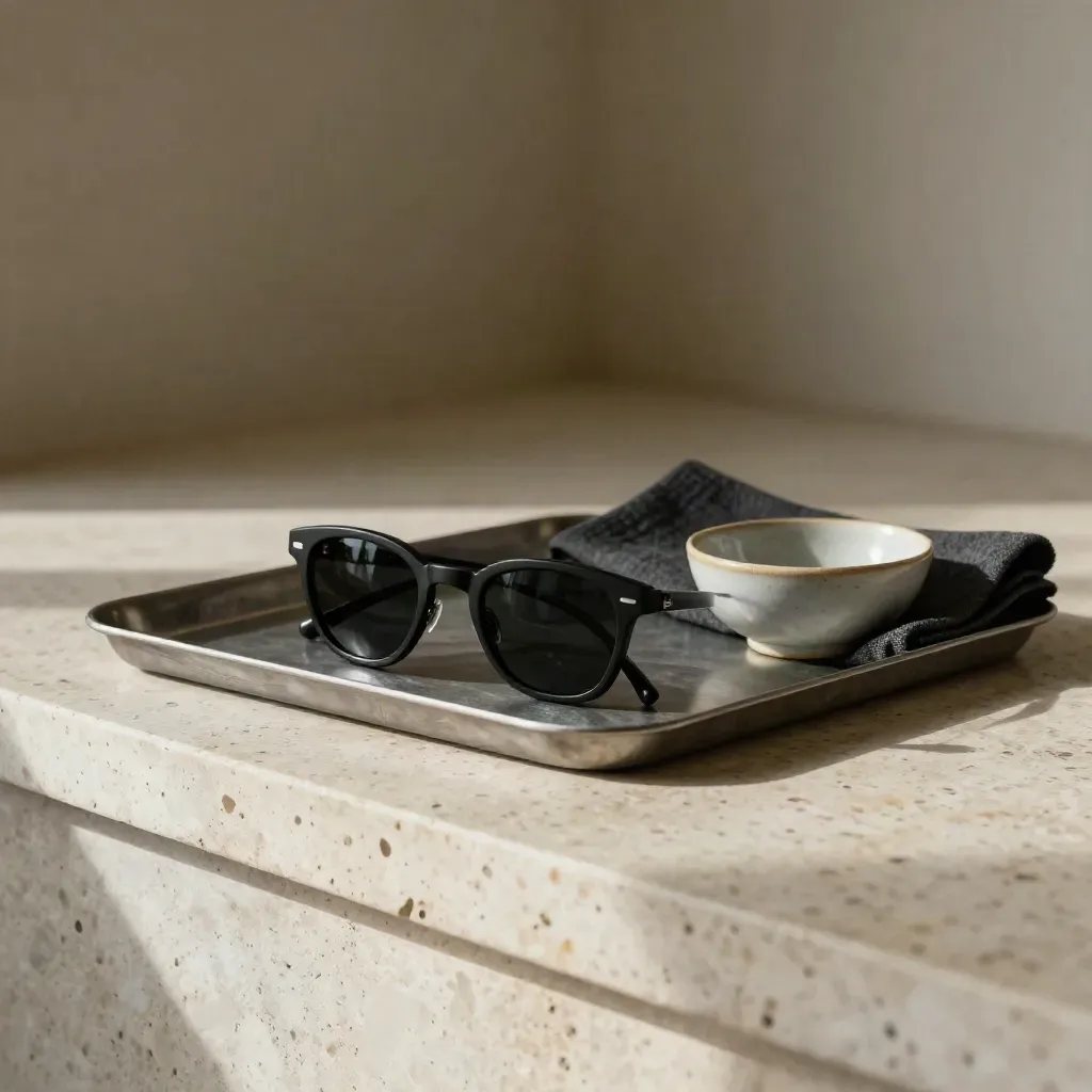 Sunglasses on a brushed tray with charcoal cloth and ceramic bowl on a stone ledge.