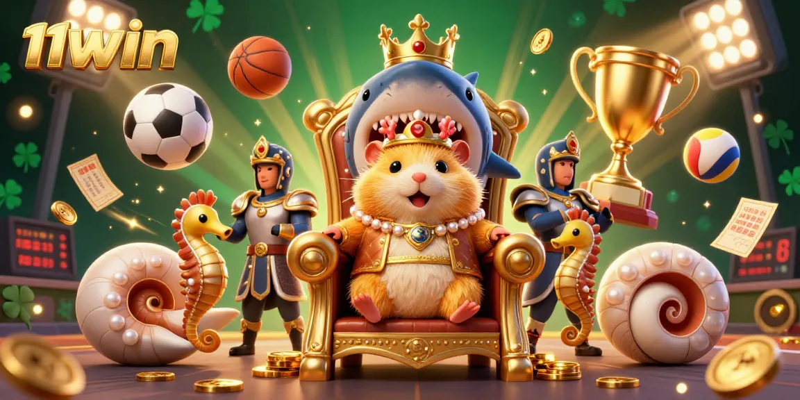 Experience the thrill of betting with 11WIN featuring a vibrant scene of a tiny hamster king and dynamic sports elements.