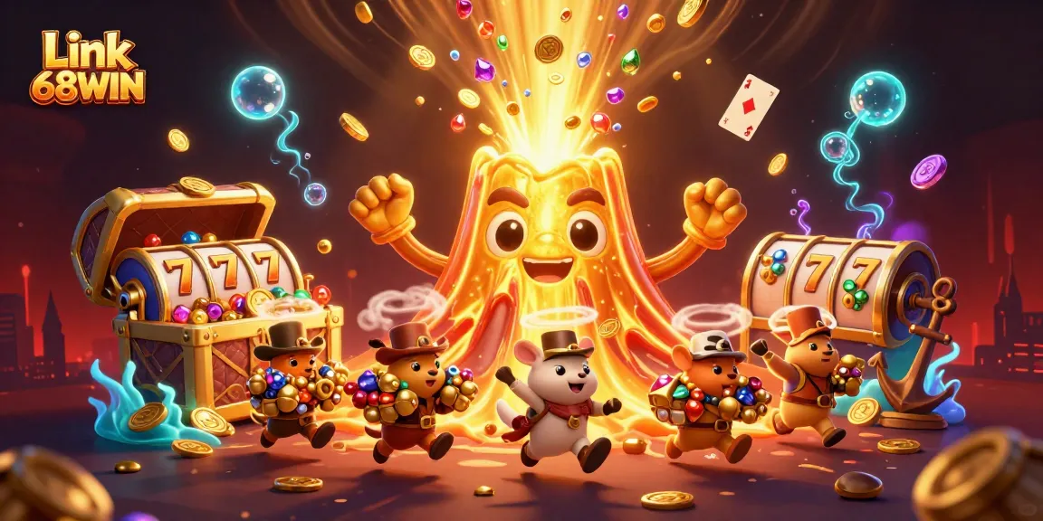 Win big at casino games with Link 68WIN in this dynamic illustration featuring treasures and excitement.