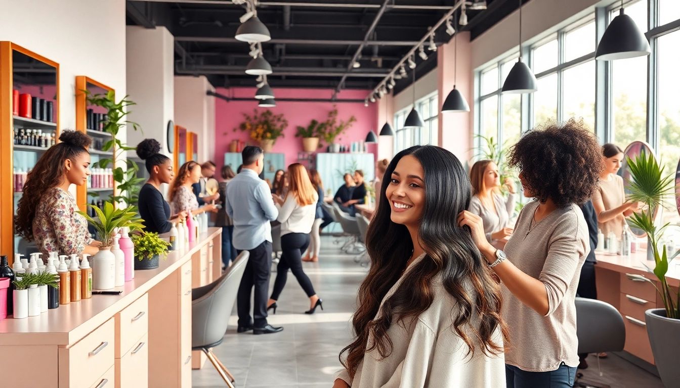 Hair salon near me with diverse stylists and happy clients engaging in a vibrant, trendy environment.