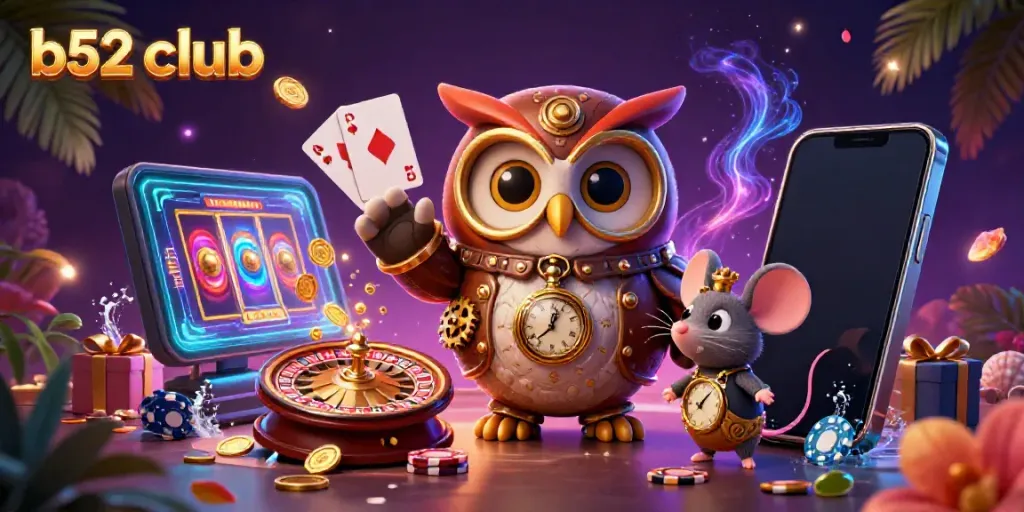 B52 club showcases a vibrant 3D cartoon scene with a time-traveler owl in a casino setting, emphasizing fun gaming.