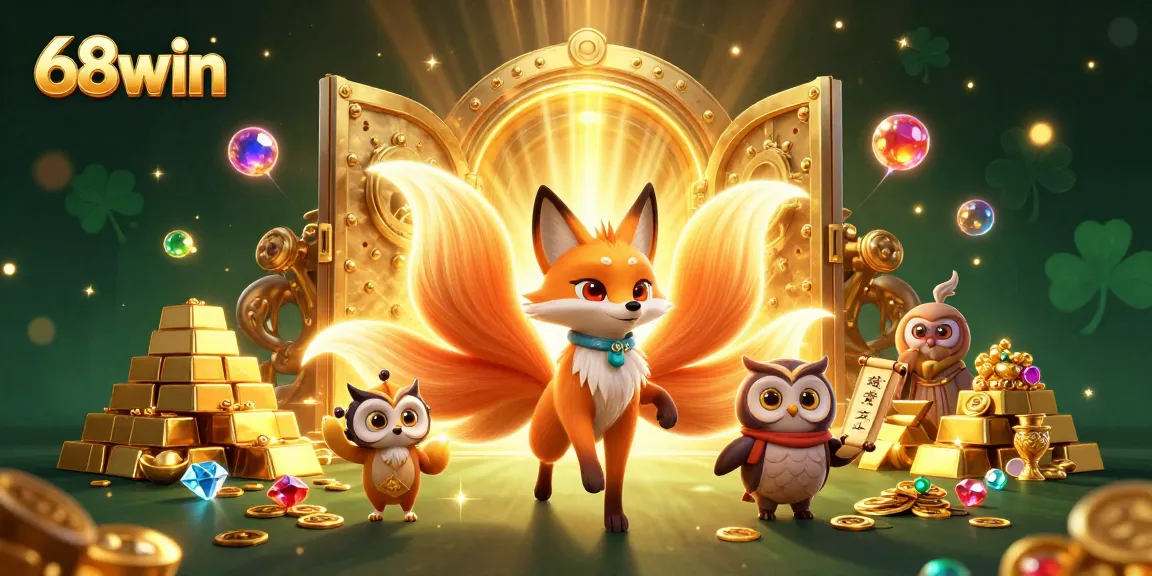 Engage with 68win in this vibrant 3D illustration showcasing a lively online casino atmosphere featuring characters and treasures.