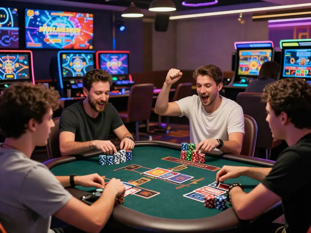 Exciting casino gaming scene showcasing players enjoying Link M88 at a vibrant table, capturing the thrill of online betting.