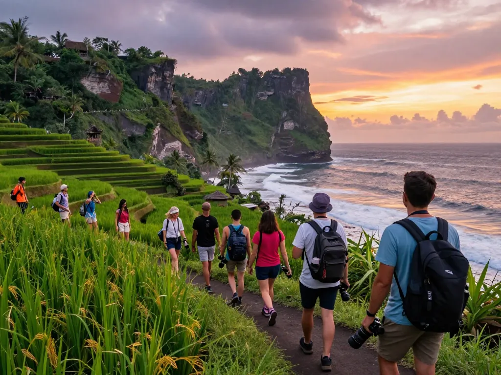 Explore Bali tour packages with diverse travelers hiking scenic landscapes at sunset.