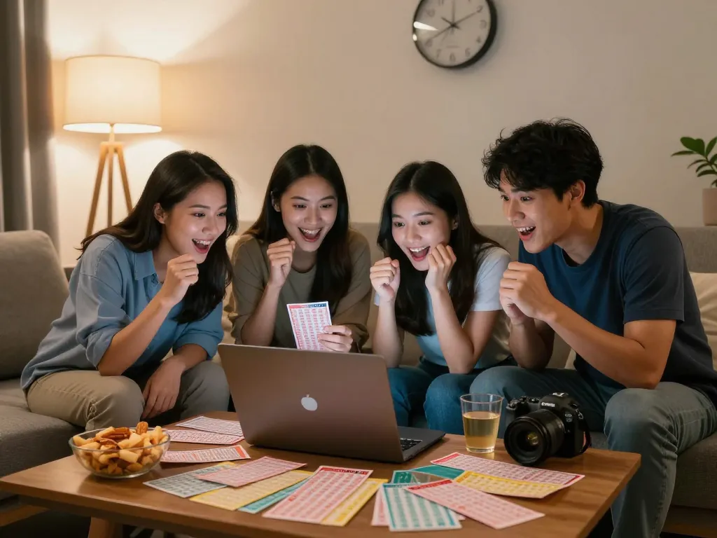 Sahabat merayakan sambil meninjau hasil lotere Data HK di ruang tamu yang nyaman