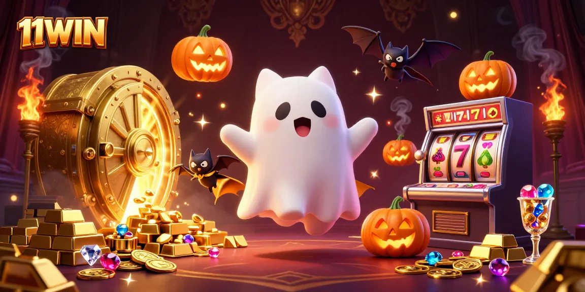 Engage with thrilling 11WIN casino adventures featuring vibrant ghost cat and bat companions.