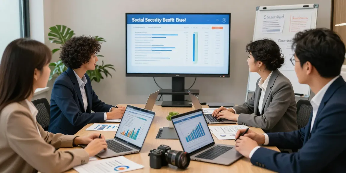 Financial advisors discussing social security benefits in a modern office setting