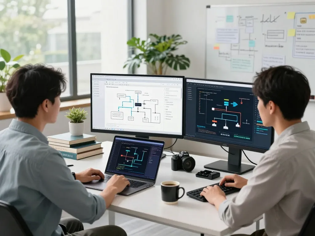Automation specialist working in a modern office creating automation systems with real-time analytics.