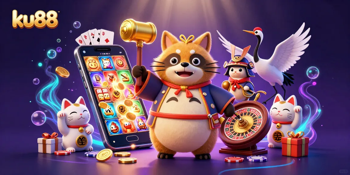 Engage with ku88's vibrant gaming scene featuring a lucky tanuki, colorful slot elements, and fortune cats.
