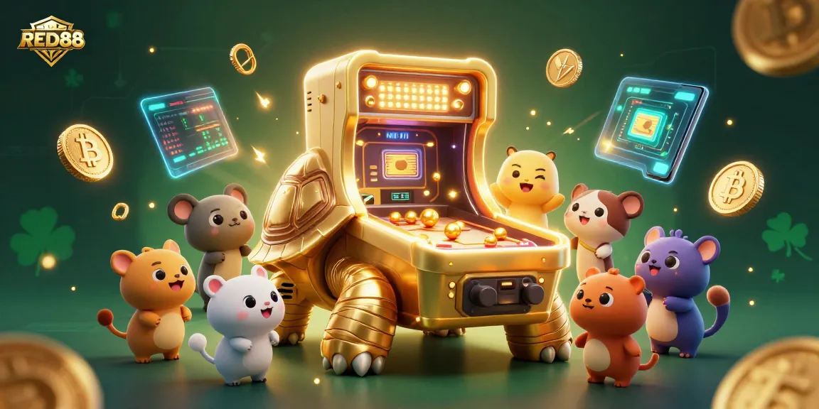Experience thrilling gameplay with RED88 through a vibrant 3D casino illustration featuring a whimsical tortoise and dynamic crypto elements.