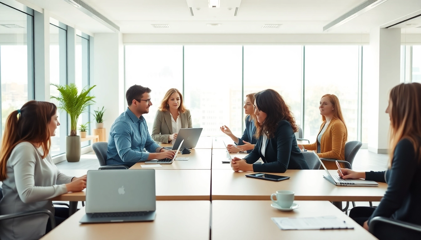 Engaged professionals discussing their ideal career choices in a bright office.