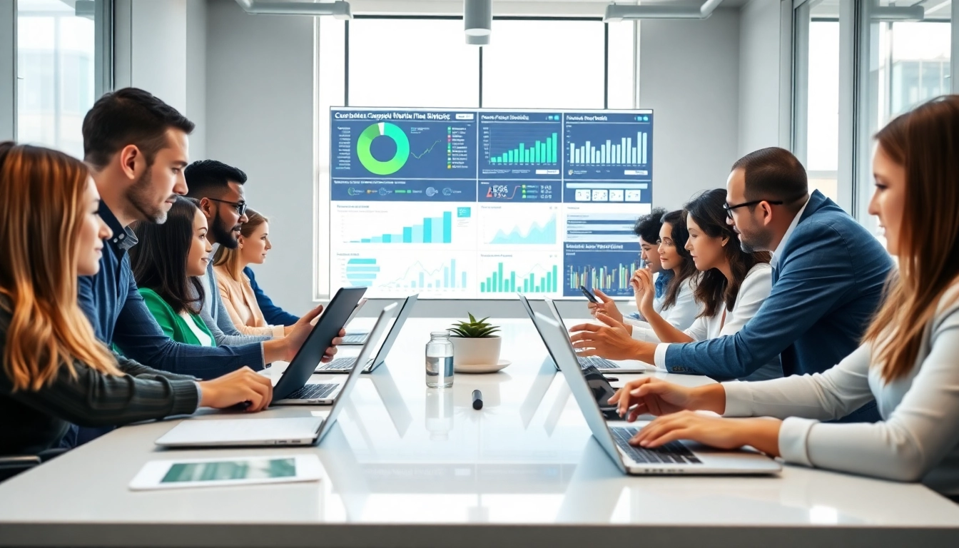 Analyze b2b competitive intelligence during a professional business meeting in a sleek office.