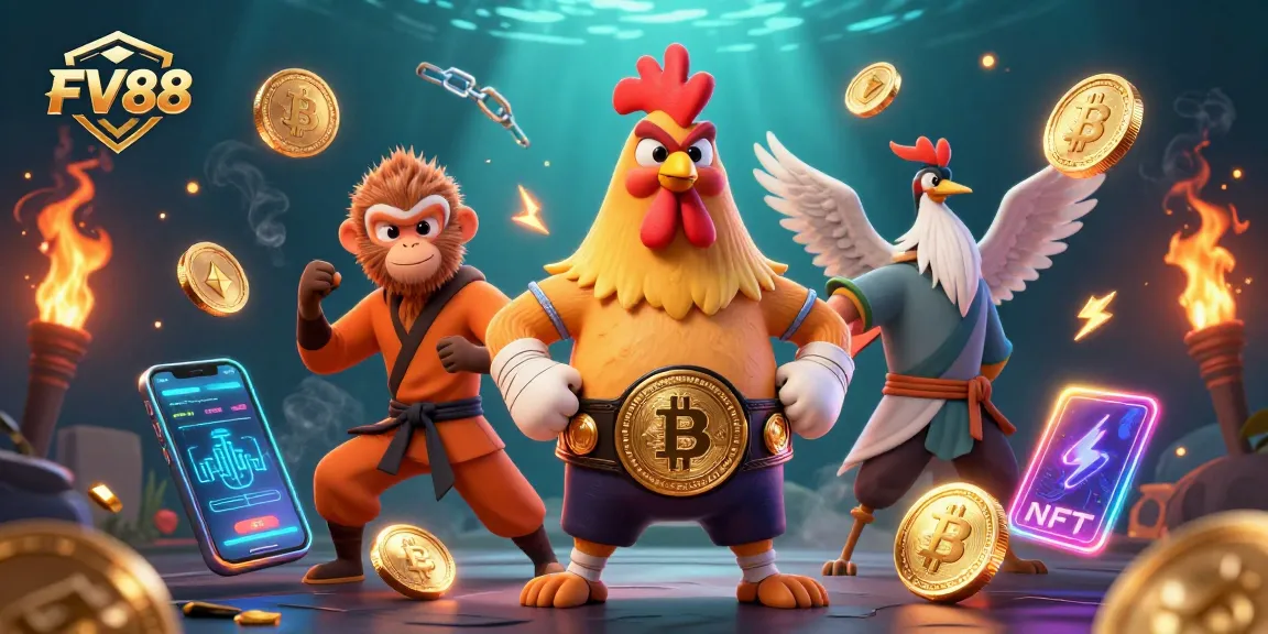 Engage with the dynamic FV88 casino experience featuring vibrant characters and cryptocurrency elements.