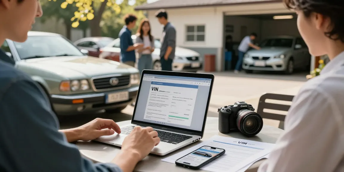 Person using a laptop to check carfax vehicle history report outdoors.