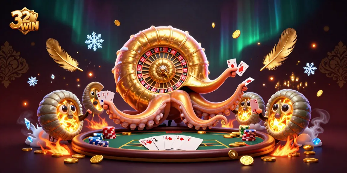 Engage with the thrilling world of 32WIN as an ancient nautilus spins a roulette wheel surrounded by poker action.