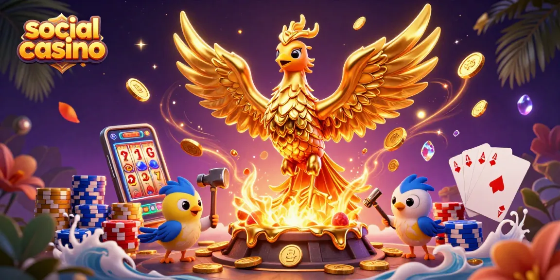 Experience the thrill of a social casino with a golden phoenix and vibrant gaming elements.