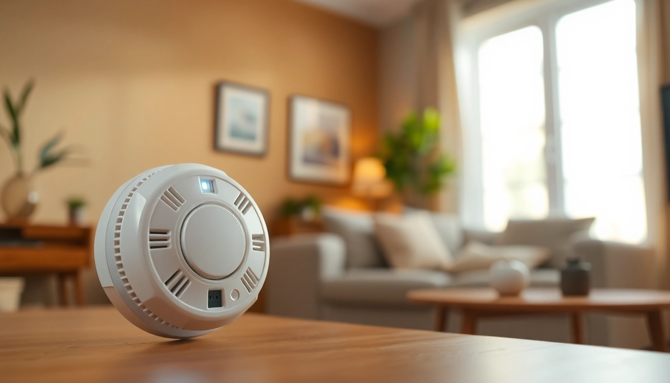 Carbon monoxide detector beeping prominently highlighted in a living room setting.