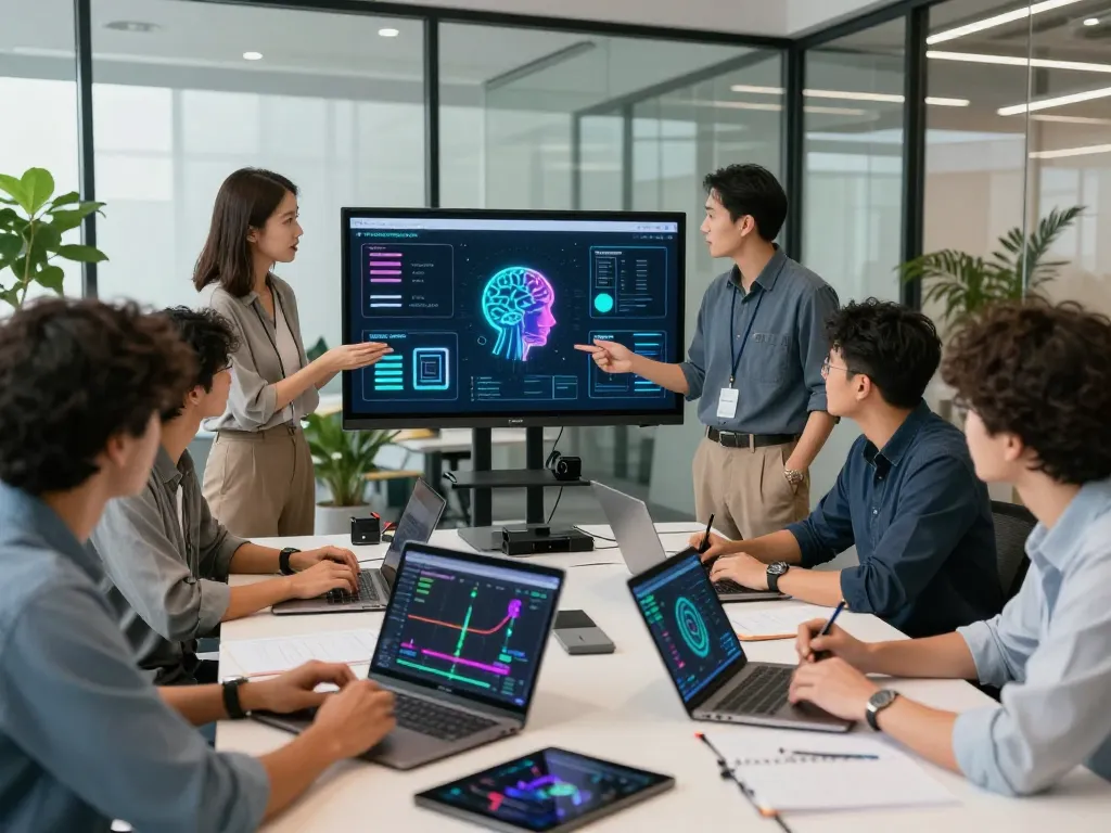 Team collaborating on mind control ai features in a modern office setting, showcasing innovative motion control software.
