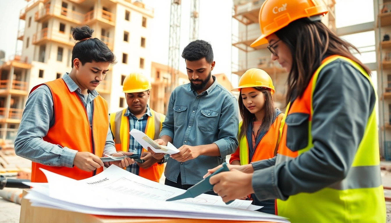 Construction apprenticeship students collaborating on-site with blueprints and tools, demonstrating teamwork and skill.