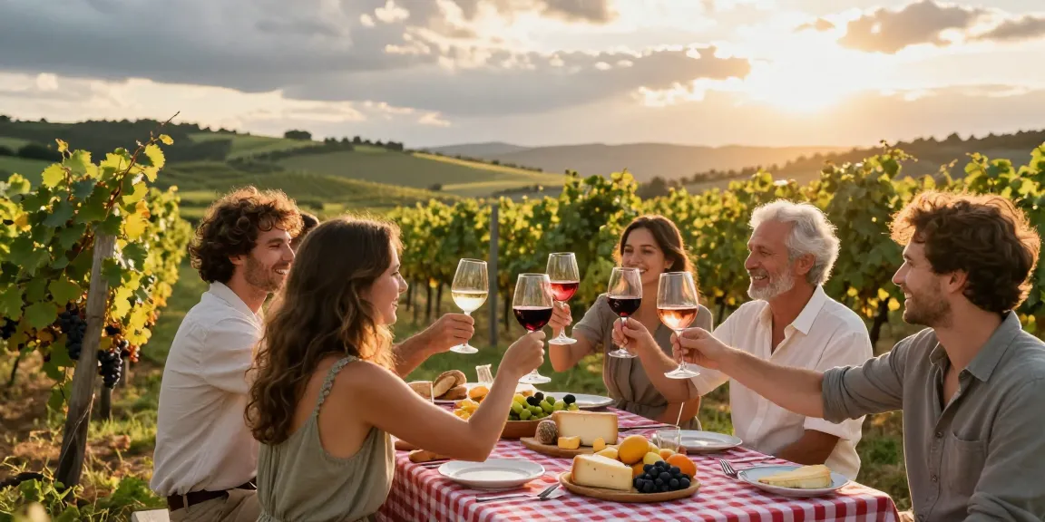 Captivating vineyard scene with friends toasting with Chattoo wines at golden hour, showcasing a joyful and lively atmosphere amidst rolling hills.