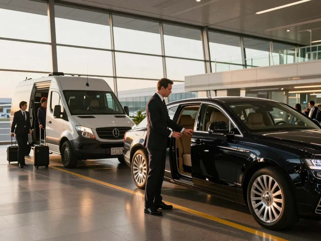 Midway airport limo service with a chauffeur assisting a passenger at Chicago Midway Airport.