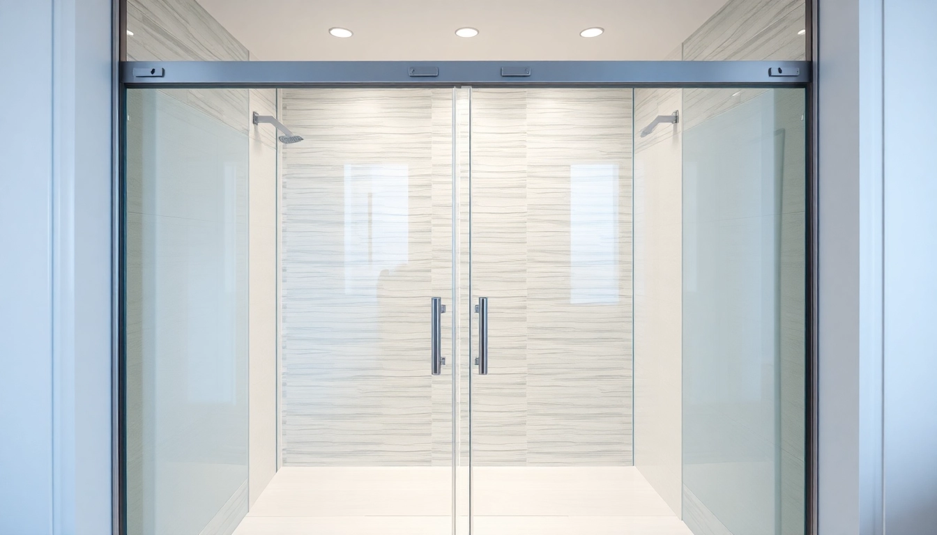 Showcasing sliding shower doors, emphasizing elegant design and modern aesthetics in a sleek bathroom.