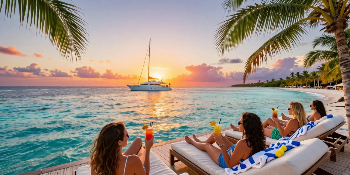 yacht rental punta cana sunset scene featuring friends relaxing on a luxurious yacht deck with tropical drinks