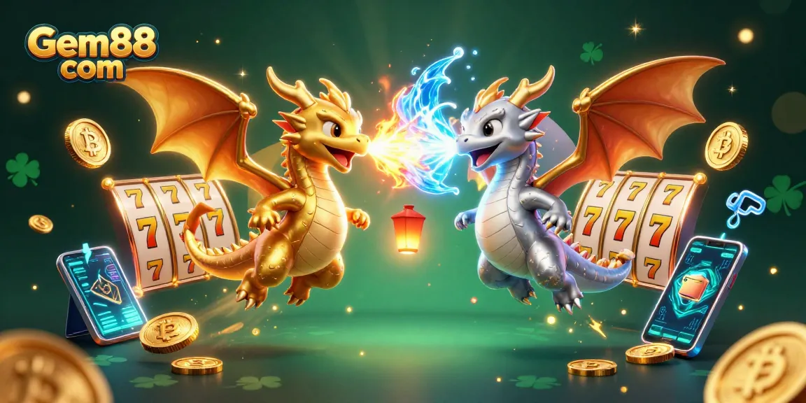 Experience thrilling gaming at Gem88 com with vibrant dragons amidst casino symbols and digital elements.