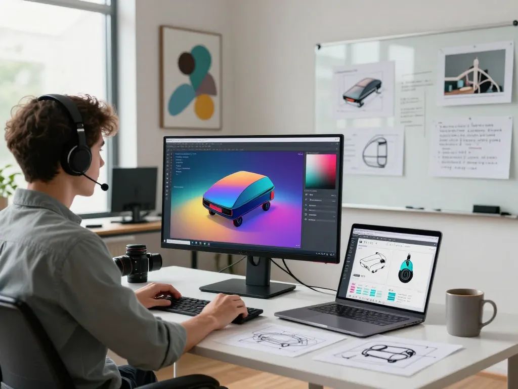 Engaging workspace illustrating 3D product configurator software in use by a developer adapting models and designs.