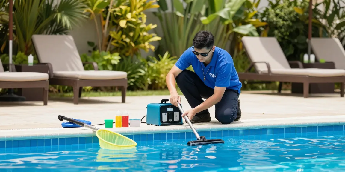 Dolphin Pool Services technician performing maintenance on a vibrant pool, ensuring optimal care and efficiency.
