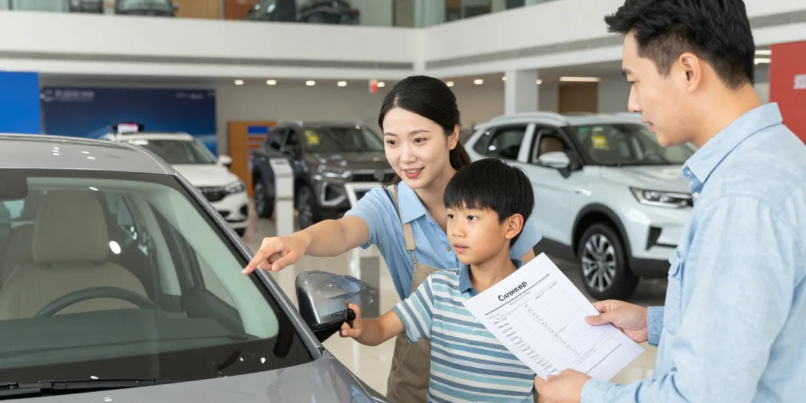 Family reviewing a car history check UK report at a dealership.