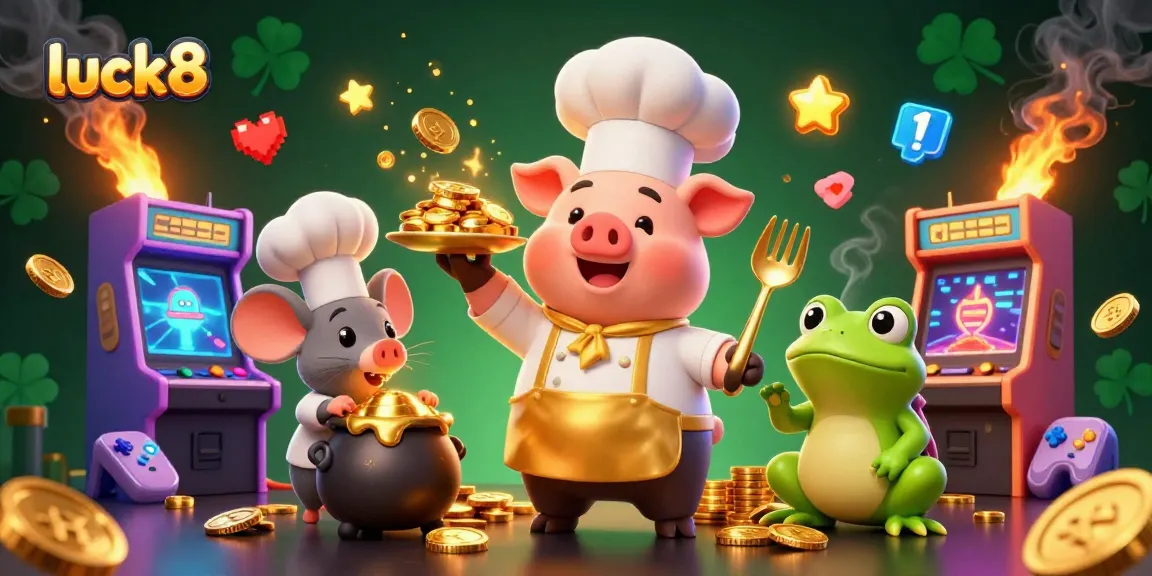 Experience the excitement of luck8 with vibrant golden coins and animated characters in a lively casino scene.
