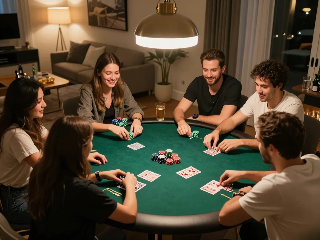 Engaged friends playing poker at home, highlighting Nhà cái ko66's casual gaming atmosphere.