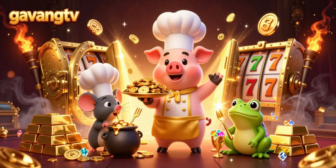 Experience exclusive gaming with gavangtv in a vibrant 3D casino illustration rich with gold.