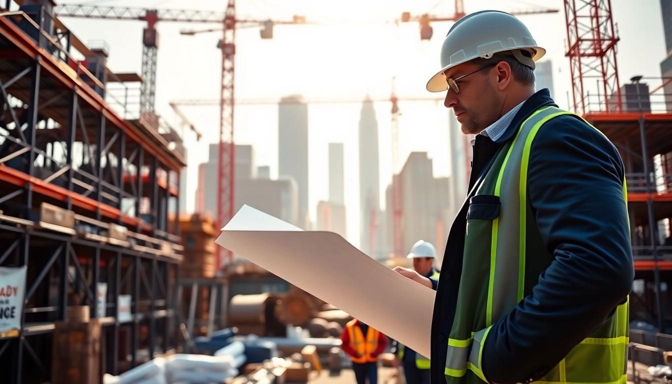 New York City Construction Manager coordinating a vibrant construction site with active workers.