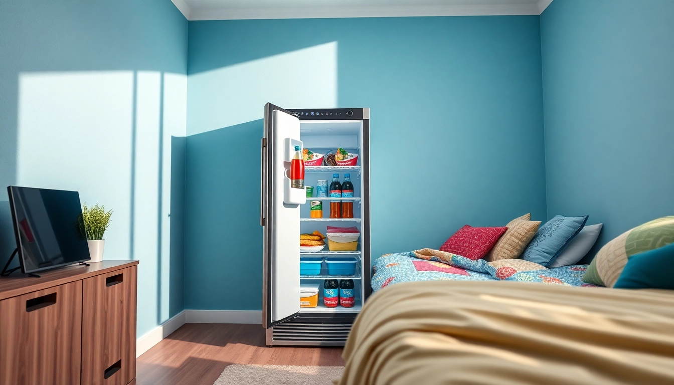A modern dorm room fridge with snacks displayed, designed for student living.