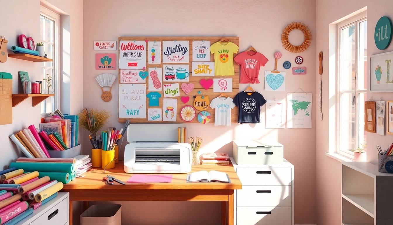 Cricut SVG designs displayed in a bright crafting studio with Cricut machine and colorful vinyl rolls.