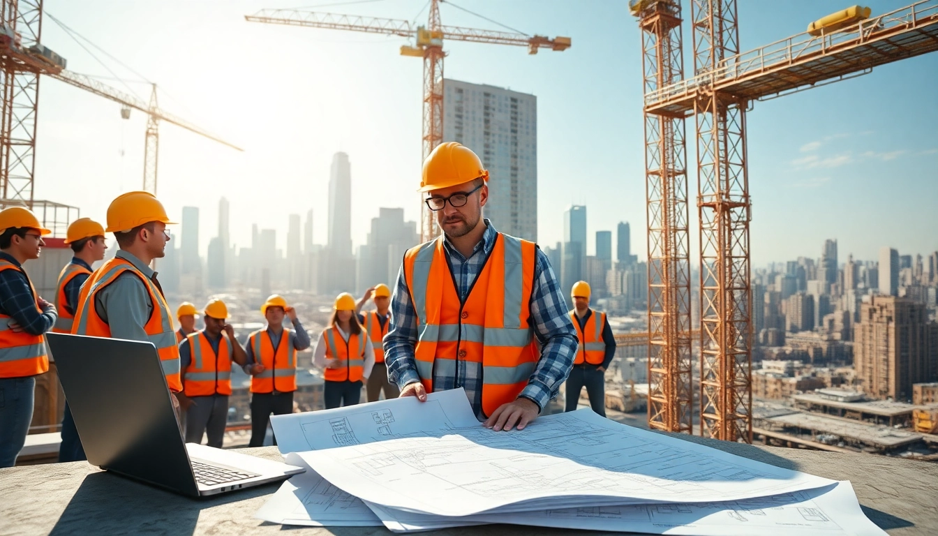 New York Construction Manager supervises a busy construction site with cranes and blueprints.