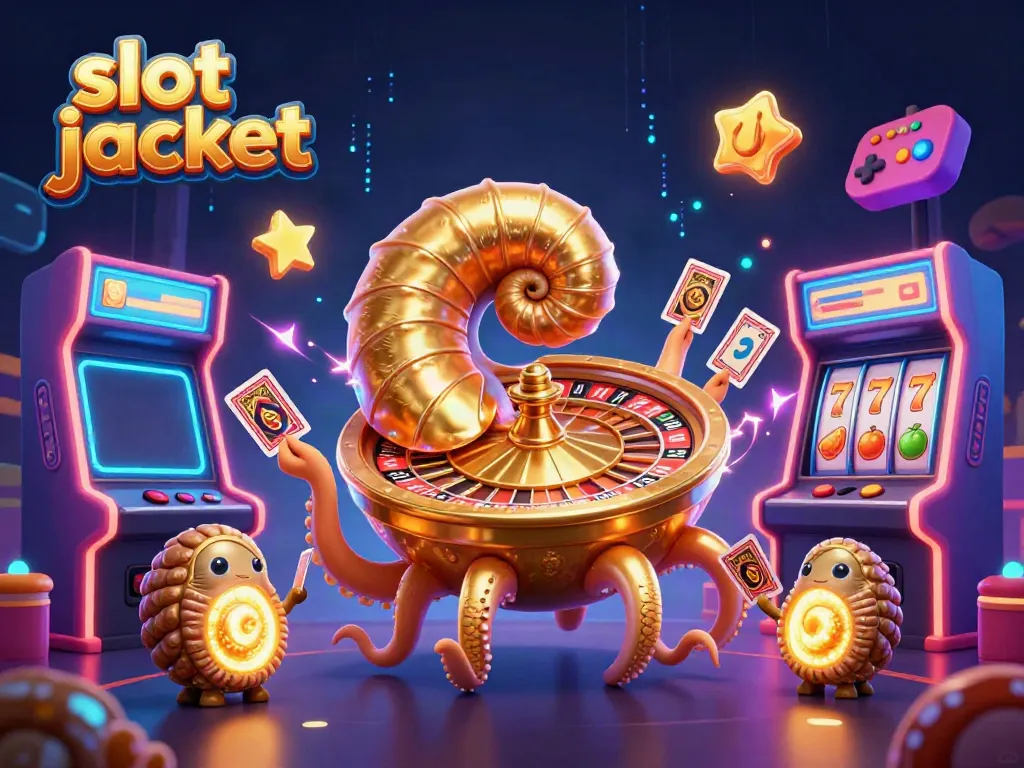 Menggenggam jackpot dalam permainan slot dengan simbol buah, tangan kartu dan karakter 3D unik dalam ilustrasi kasino.