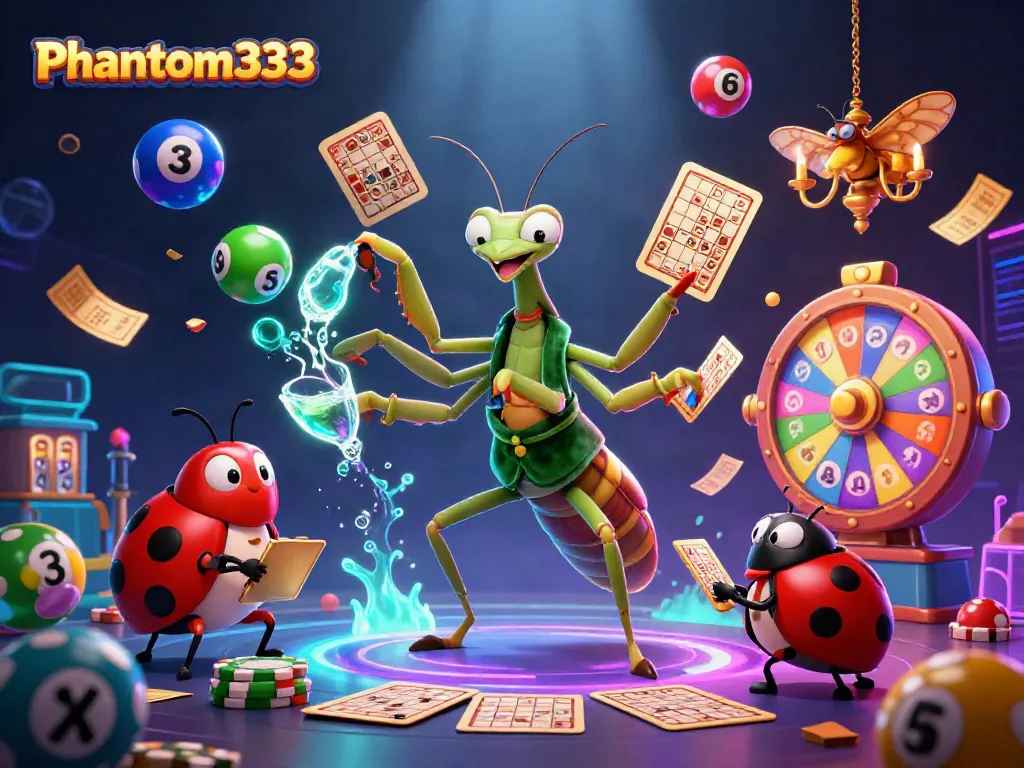 Play and win with Phantom333 in an exciting 3D casino scene featuring vibrant elements and characters.