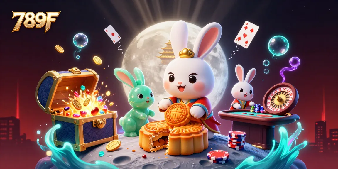 Engage in thrilling gameplay at 789F's vibrant casino scene, featuring a moon rabbit unveiling poker chips.