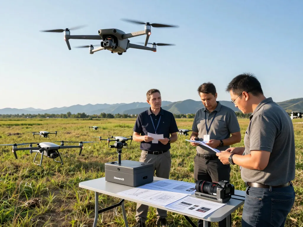 Dronavia C5 system demonstration by drone operators in a rural setting with DJI Mavic 3 and advanced safety features highlighted.