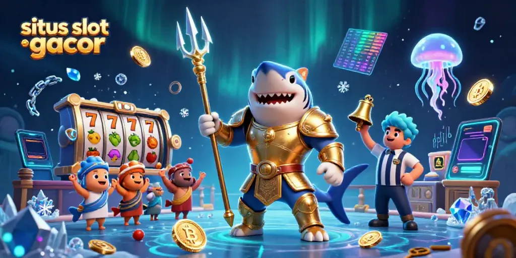 Engage with situs slot gacor in a vibrant underwater casino scene with a tiger shark champion.