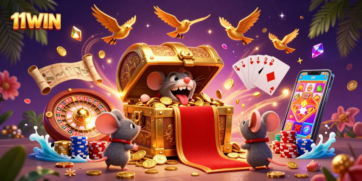 11WIN engages players with vibrant slot machine visuals and a dynamic casino scene.
