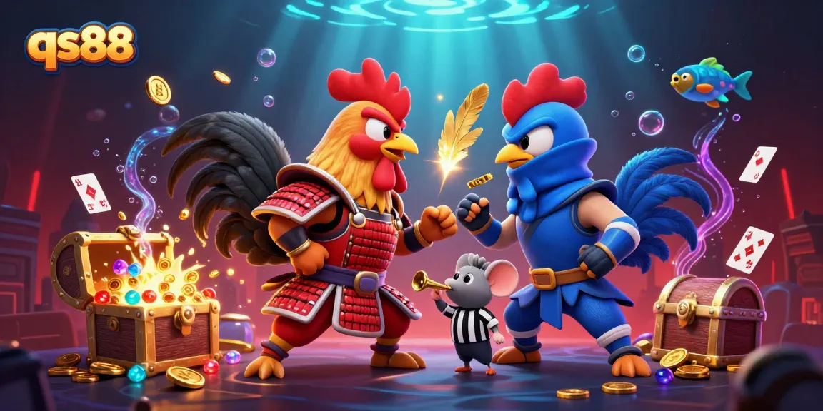 Experience thrilling action at qs88 with colorful roosters battling amidst treasure and casino elements.