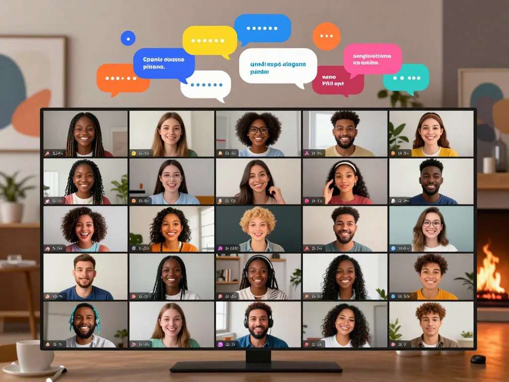 Free AI sex chat scene with diverse avatars engaged in vibrant conversations in a digital chat room.