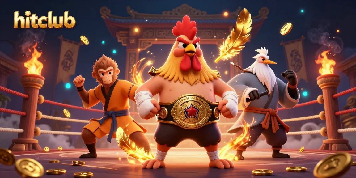 Experience thrilling action in hitclub as a fierce rooster battles alongside a monkey martial artist and wise crane master in a dynamic arena.