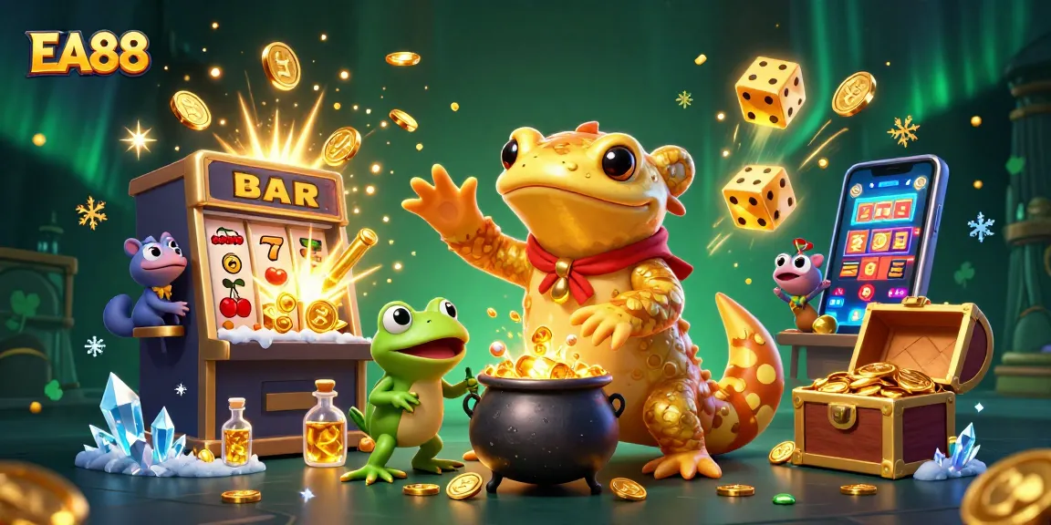 EA88 gamblers engaging with slots while a golden salamander alchemist transforms metals into golden coins.