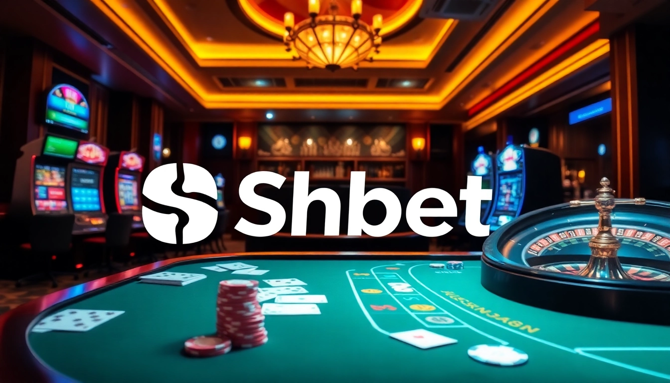 Shbet logo displayed prominently in a luxurious casino scene featuring poker, roulette, and slot machines.